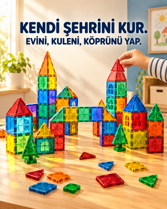Manyetik yapı bloklarıyla kurulmuş renkli şehir: evler, kuleler ve köprü