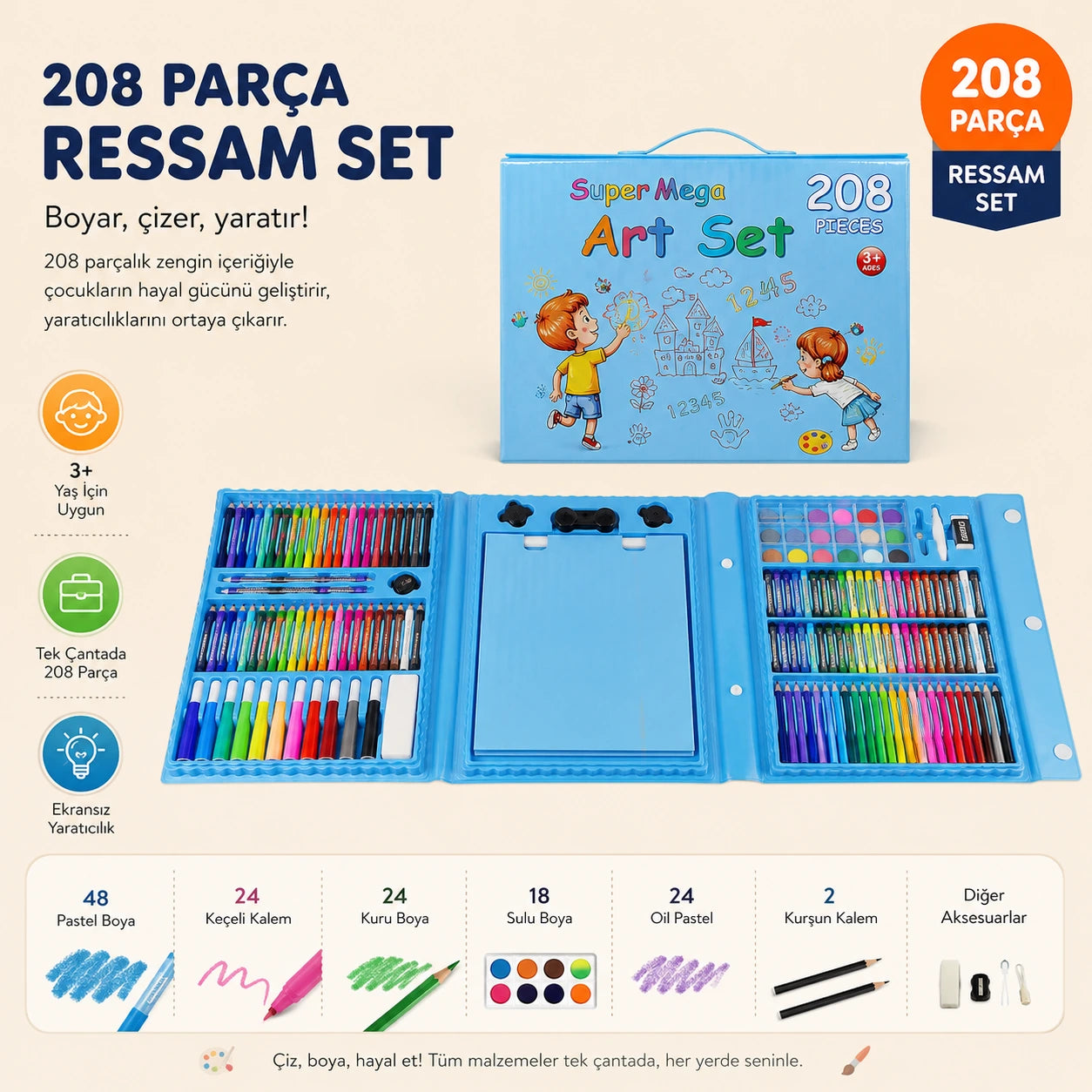 Kidslar® 208 Parça - Mini Ressam Boyama Seti