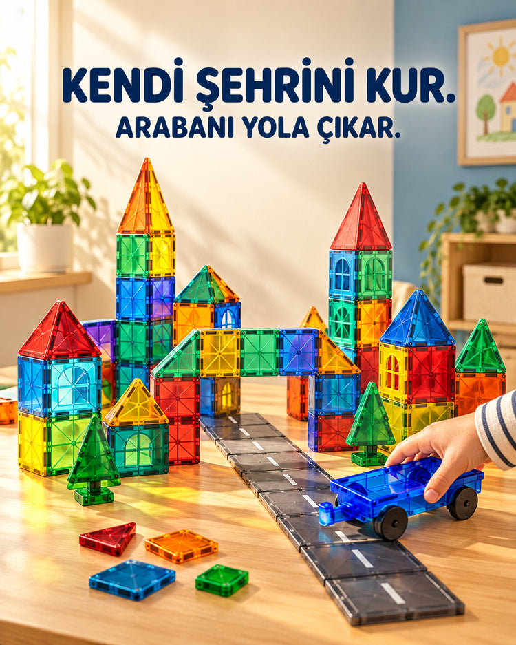 Kidslar® Magic Bloklar – 40 Parça Büyük Boy Set ile kurulan renkli yapı örneği