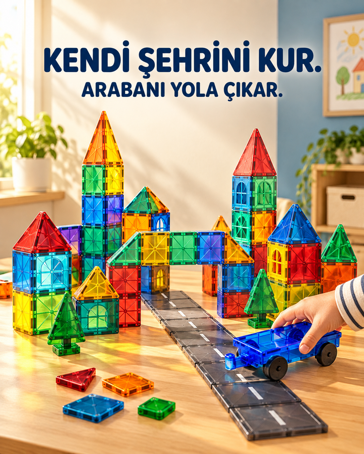 Manyetik yapı bloklarıyla kurulmuş renkli şehir ve araba